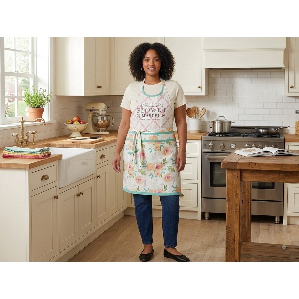 Simply Whimsical Flower Market Floral Cotton Apron Teal Pink White Pocket